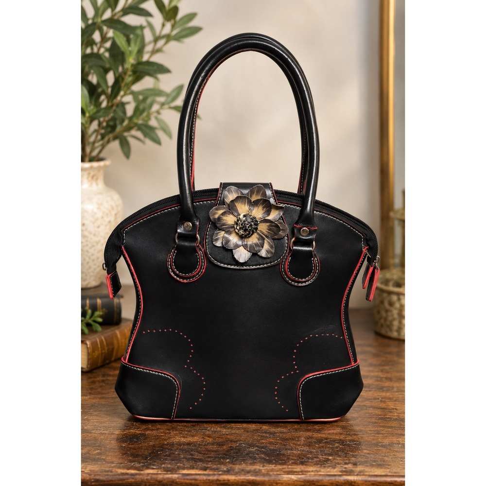 Y2K Black Floral Appliqué Dome Satchel Handbag Red Trim Statement Purse